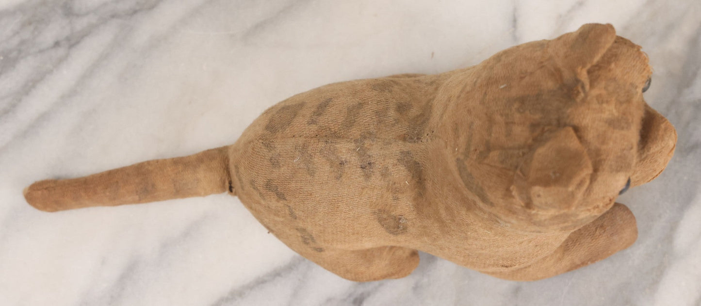 Lot 018 - Antique Straw Stuffed Cat Stuffed Animal Toy With Black Bead Eyes, Crouching Pose, Note Holes And Wear