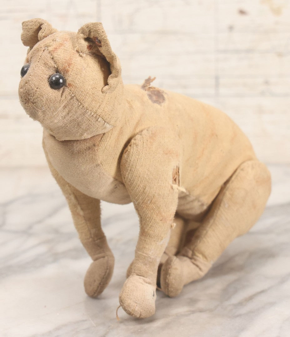 Lot 019 - Antique Straw Stuffed Cat Stuffed Animal Toy With Black Bead Eyes, Standing Pose, Note Holes And Wear