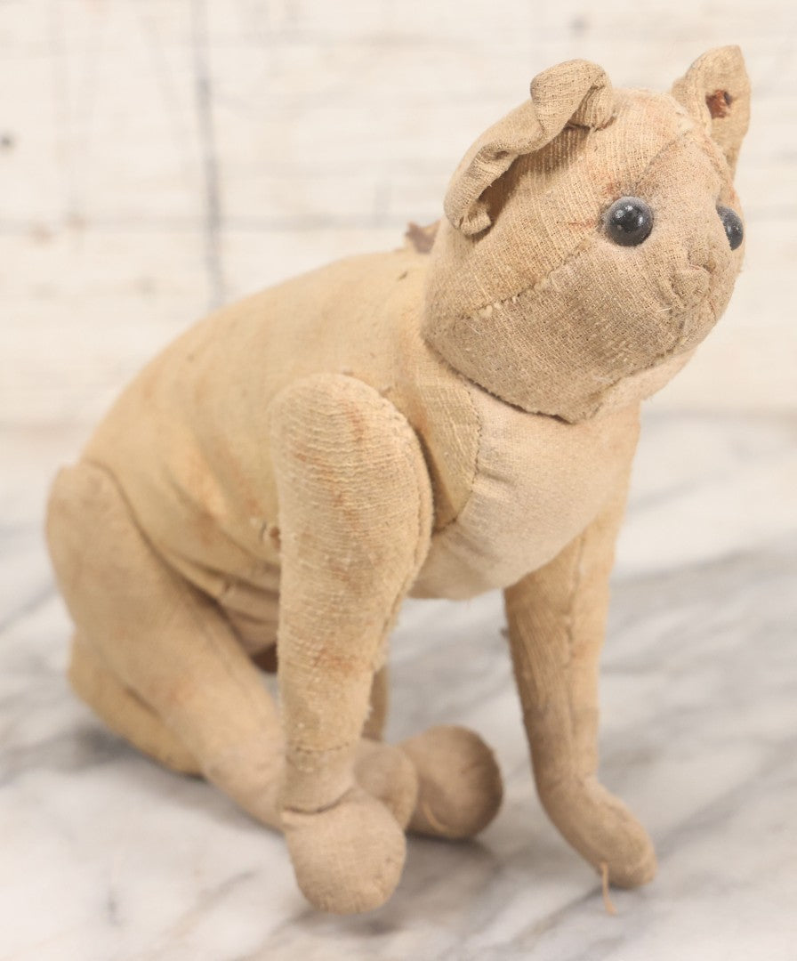 Lot 019 - Antique Straw Stuffed Cat Stuffed Animal Toy With Black Bead Eyes, Standing Pose, Note Holes And Wear