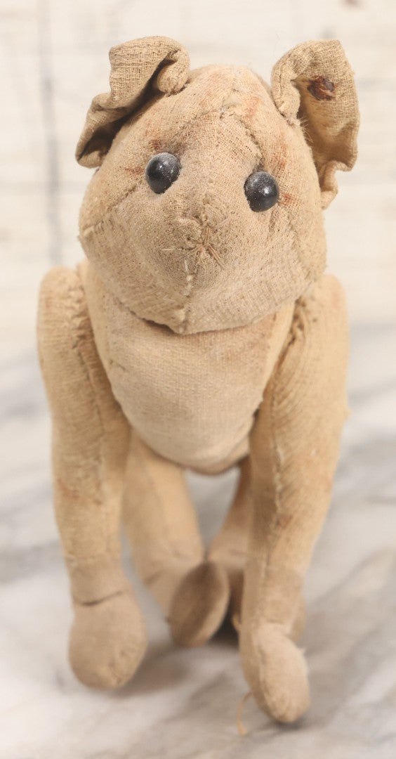 Lot 019 - Antique Straw Stuffed Cat Stuffed Animal Toy With Black Bead Eyes, Standing Pose, Note Holes And Wear
