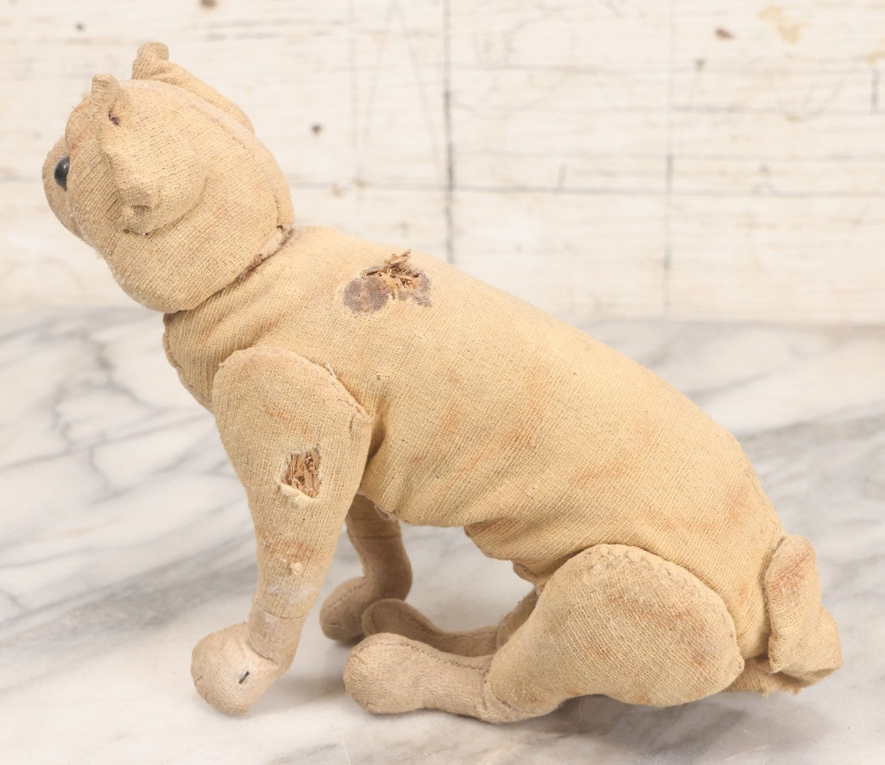 Lot 019 - Antique Straw Stuffed Cat Stuffed Animal Toy With Black Bead Eyes, Standing Pose, Note Holes And Wear