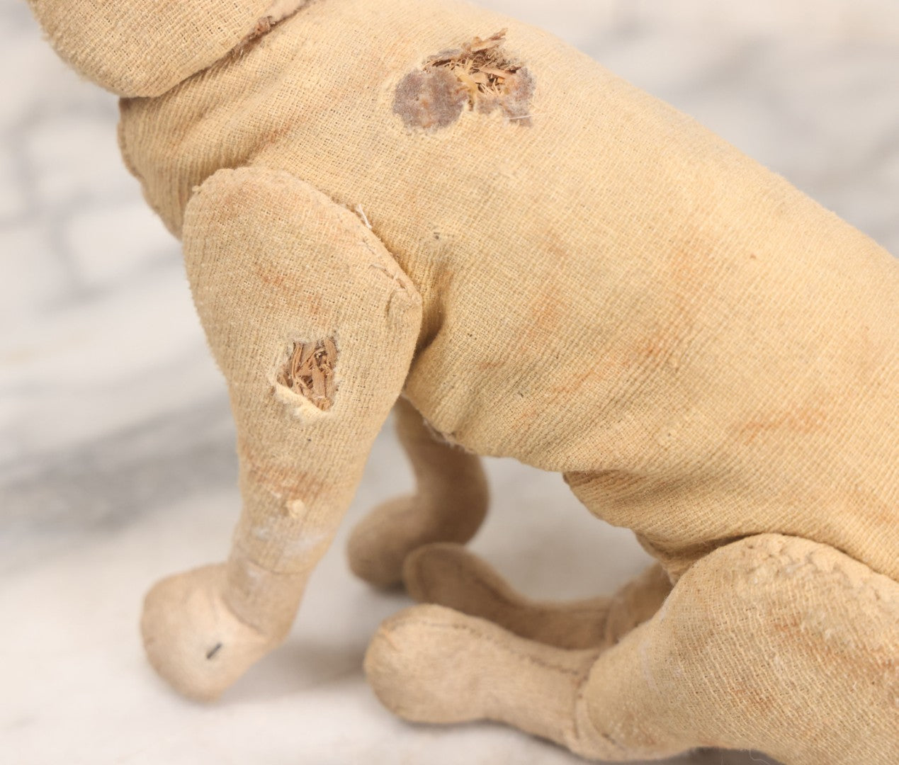 Lot 019 - Antique Straw Stuffed Cat Stuffed Animal Toy With Black Bead Eyes, Standing Pose, Note Holes And Wear