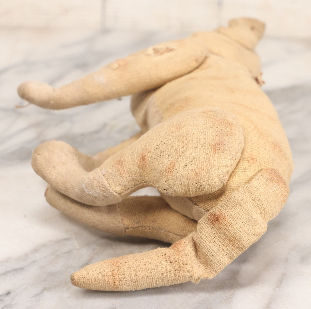 Lot 019 - Antique Straw Stuffed Cat Stuffed Animal Toy With Black Bead Eyes, Standing Pose, Note Holes And Wear