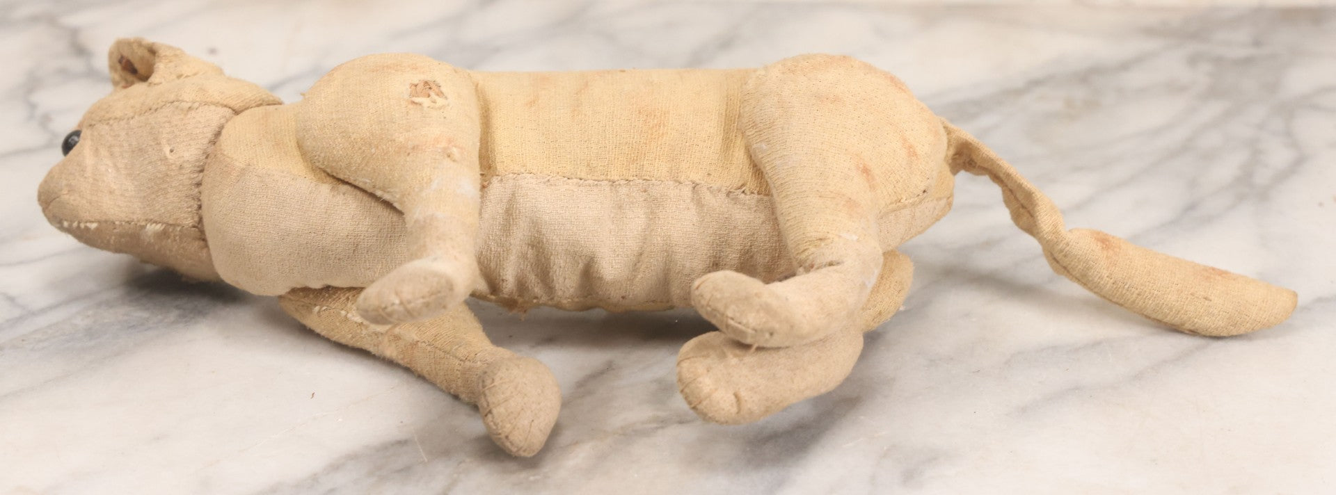 Lot 019 - Antique Straw Stuffed Cat Stuffed Animal Toy With Black Bead Eyes, Standing Pose, Note Holes And Wear