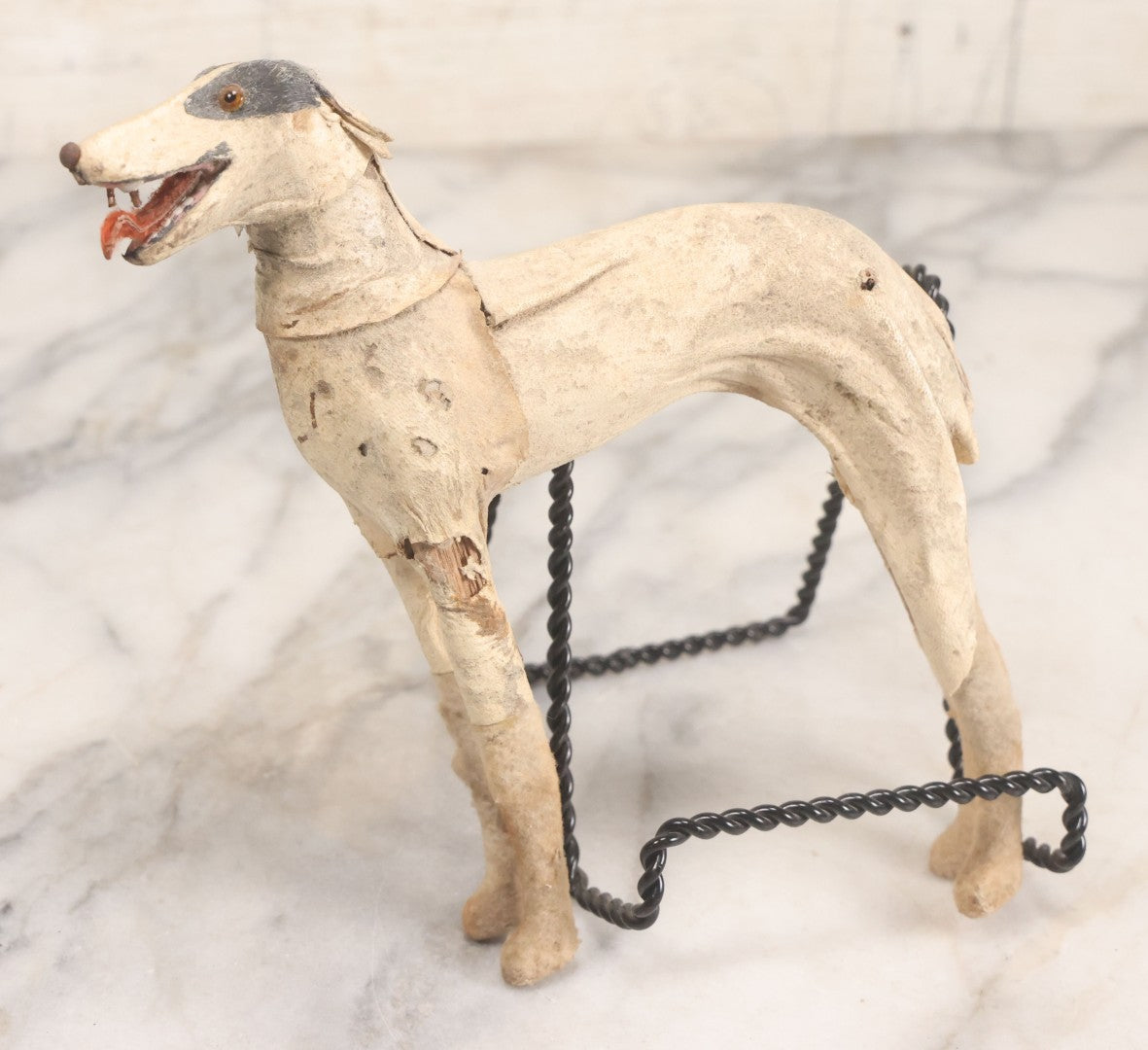 Lot 021 - Antique German Leather And Fabric Greyhound Dog Figurine Toy With Glass Eyes, Note Wear And Tear, Losses