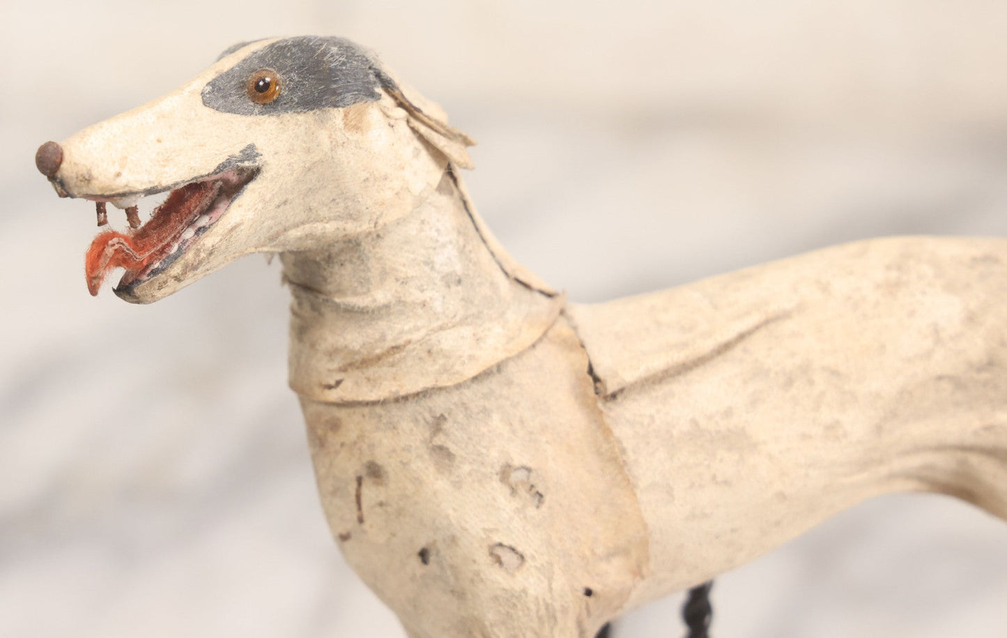 Lot 021 - Antique German Leather And Fabric Greyhound Dog Figurine Toy With Glass Eyes, Note Wear And Tear, Losses