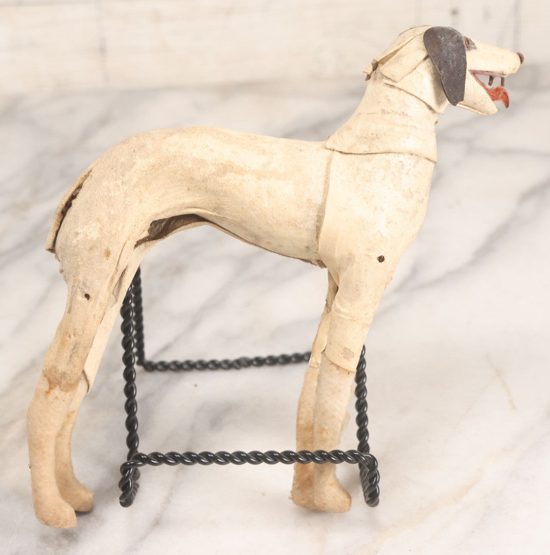 Lot 021 - Antique German Leather And Fabric Greyhound Dog Figurine Toy With Glass Eyes, Note Wear And Tear, Losses