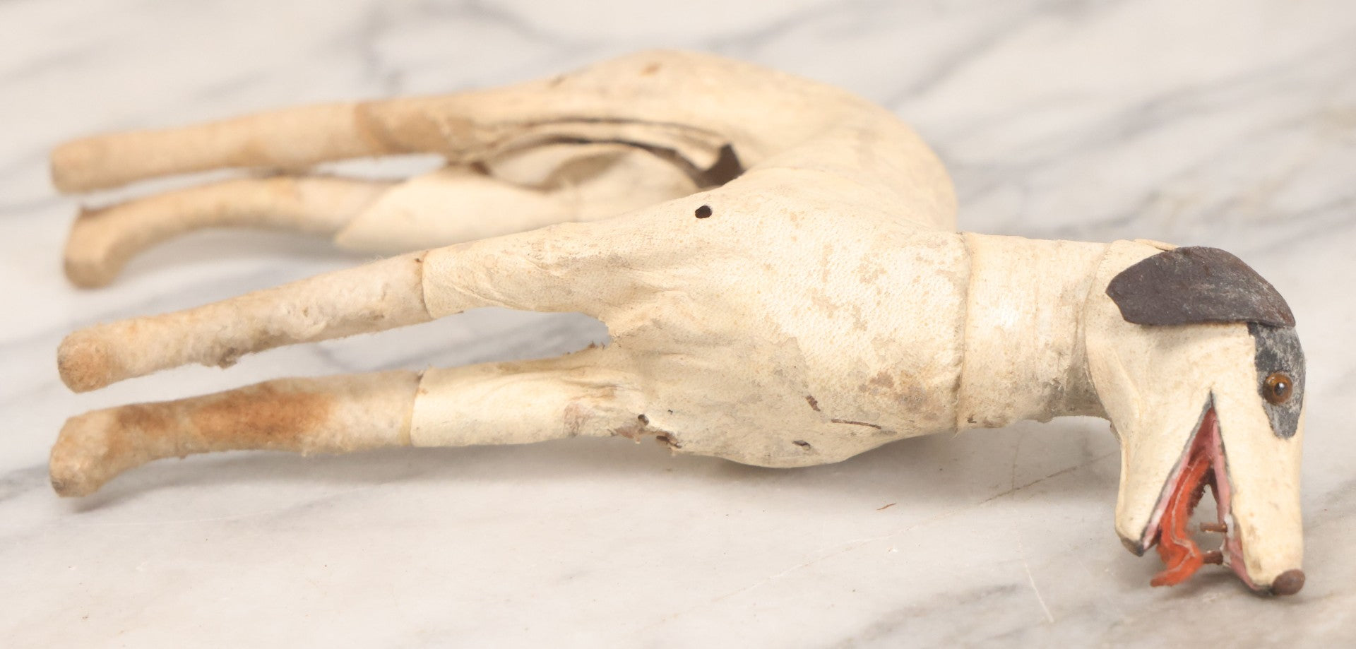 Lot 021 - Antique German Leather And Fabric Greyhound Dog Figurine Toy With Glass Eyes, Note Wear And Tear, Losses