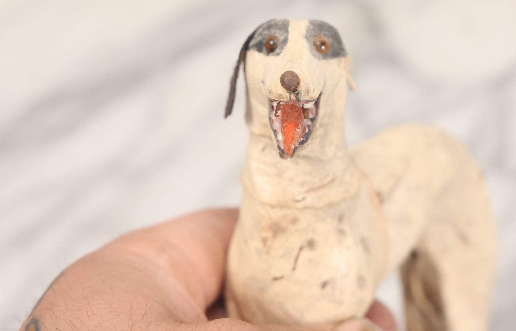 Lot 021 - Antique German Leather And Fabric Greyhound Dog Figurine Toy With Glass Eyes, Note Wear And Tear, Losses