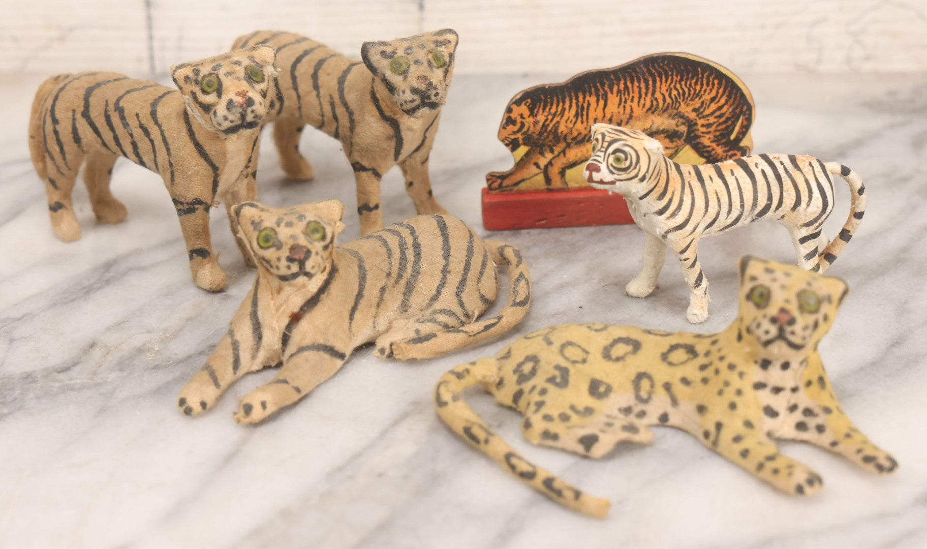 Lot 023 - Grouping Of Six Vintage Tiger Toys Including Five Felt Toys, Made In Germany, And One Wood And Masonite Toy