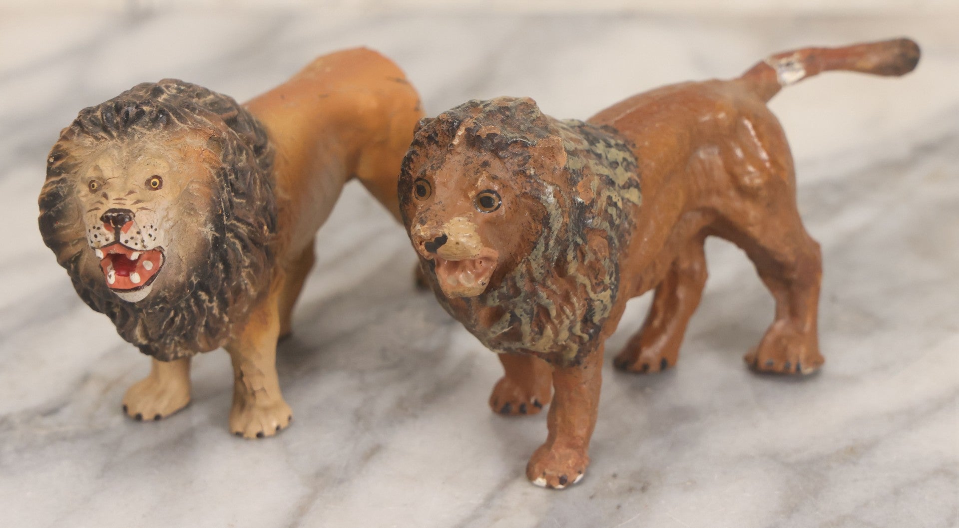 Lot 024 - Pair Of Vintage Mixed Materials (Chalkware/Plaster) Lion Toys, Note One Missing Tail
