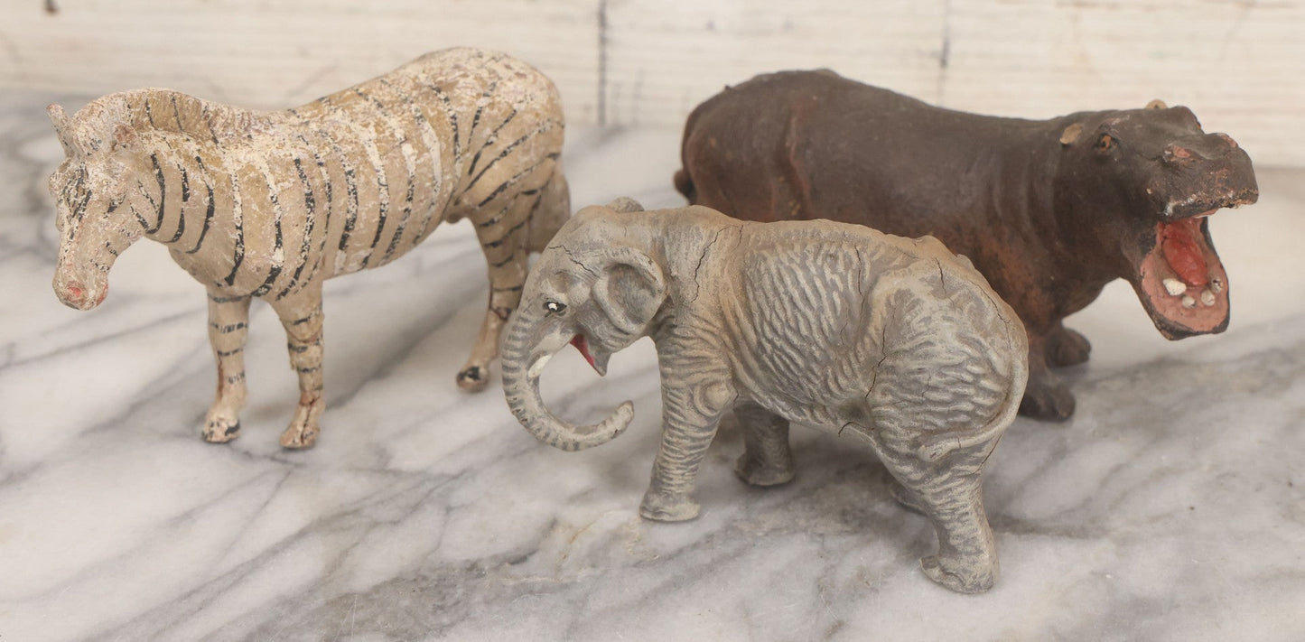 Lot 026 - Grouping Of Three Vintage Animal Toys, Including Zebra Elephant And Hippo, Mixed Materials (Chalkware/Plaster, Composition), Note Wear And Tear