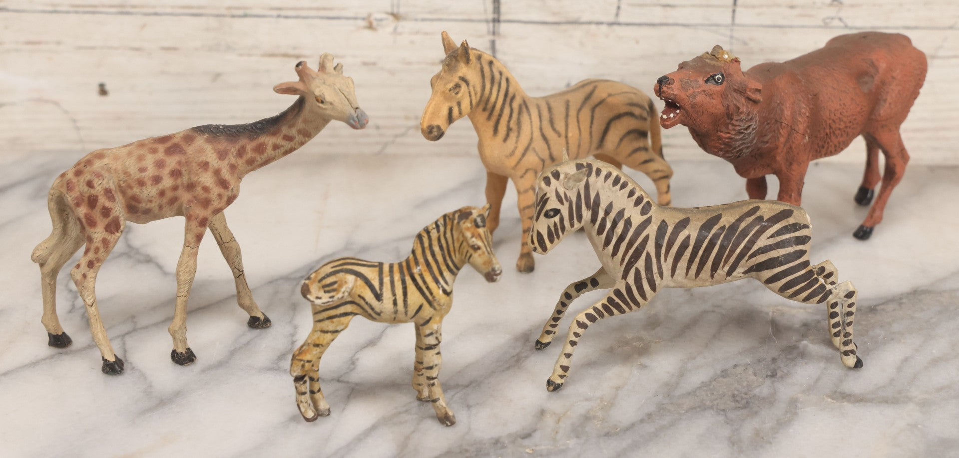 Lot 027 - Grouping Of Five Vintage Animal Toys, Ungulates, Including Three Zebras, Giraffe, And Elk Missing Horns, Mixed Materials (Chalkware/Plaster, Composition), Note Wear And Tear