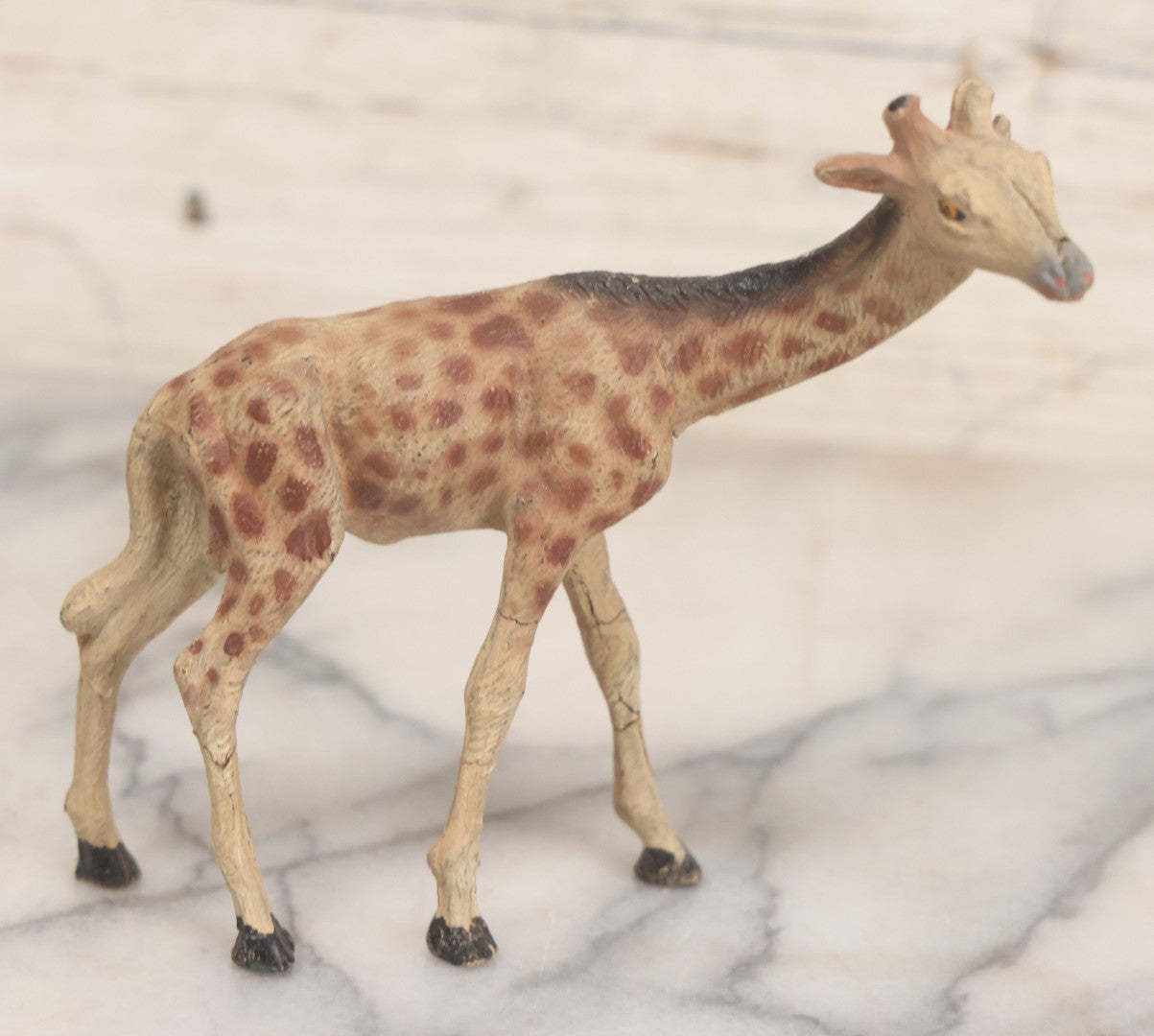 Lot 027 - Grouping Of Five Vintage Animal Toys, Ungulates, Including Three Zebras, Giraffe, And Elk Missing Horns, Mixed Materials (Chalkware/Plaster, Composition), Note Wear And Tear