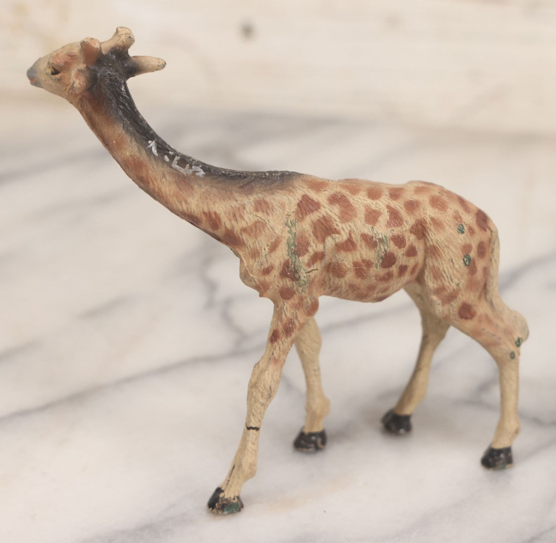 Lot 027 - Grouping Of Five Vintage Animal Toys, Ungulates, Including Three Zebras, Giraffe, And Elk Missing Horns, Mixed Materials (Chalkware/Plaster, Composition), Note Wear And Tear