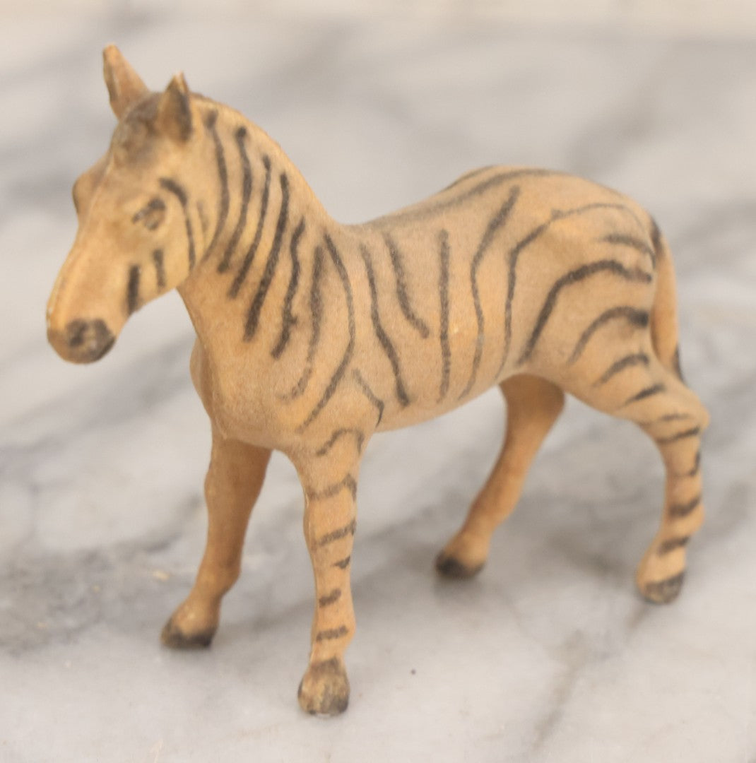 Lot 027 - Grouping Of Five Vintage Animal Toys, Ungulates, Including Three Zebras, Giraffe, And Elk Missing Horns, Mixed Materials (Chalkware/Plaster, Composition), Note Wear And Tear