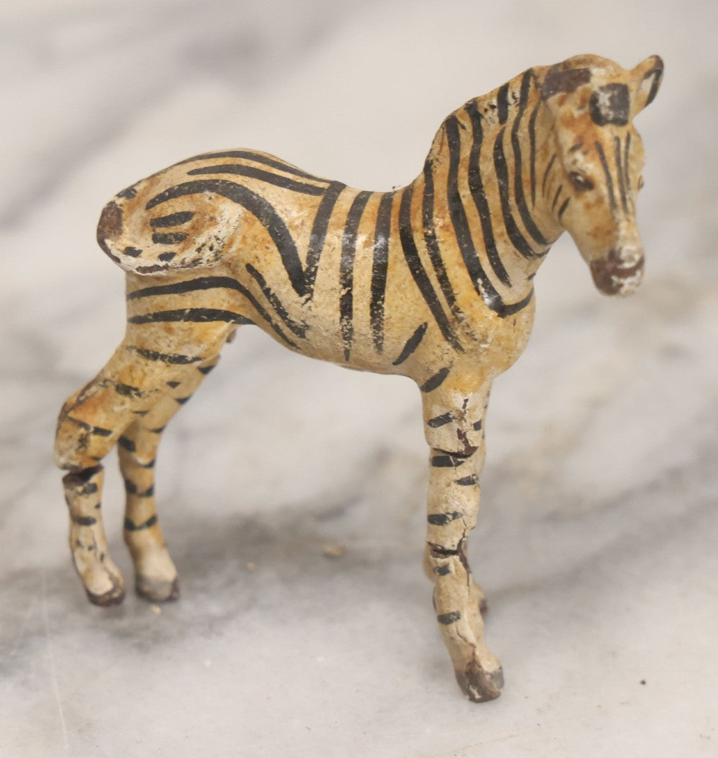 Lot 027 - Grouping Of Five Vintage Animal Toys, Ungulates, Including Three Zebras, Giraffe, And Elk Missing Horns, Mixed Materials (Chalkware/Plaster, Composition), Note Wear And Tear