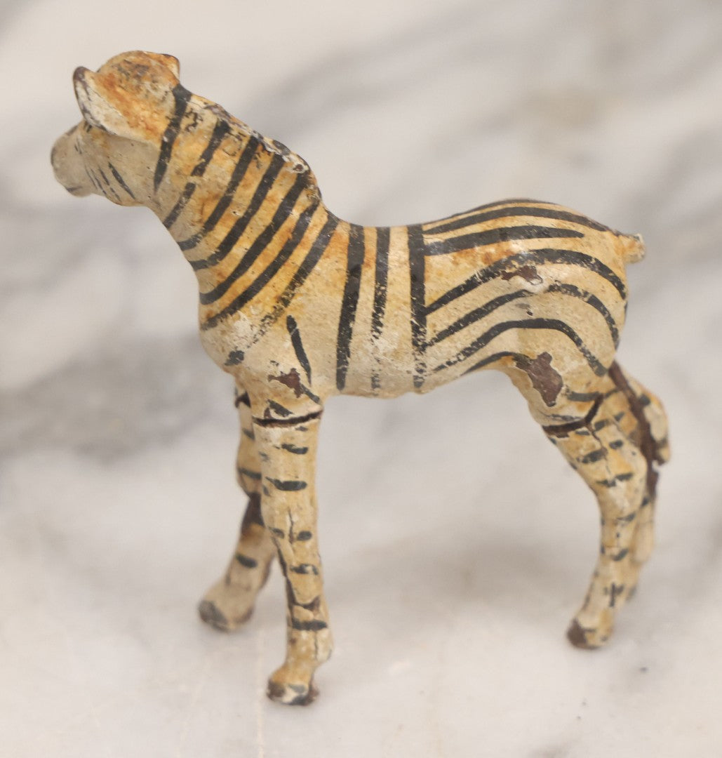 Lot 027 - Grouping Of Five Vintage Animal Toys, Ungulates, Including Three Zebras, Giraffe, And Elk Missing Horns, Mixed Materials (Chalkware/Plaster, Composition), Note Wear And Tear