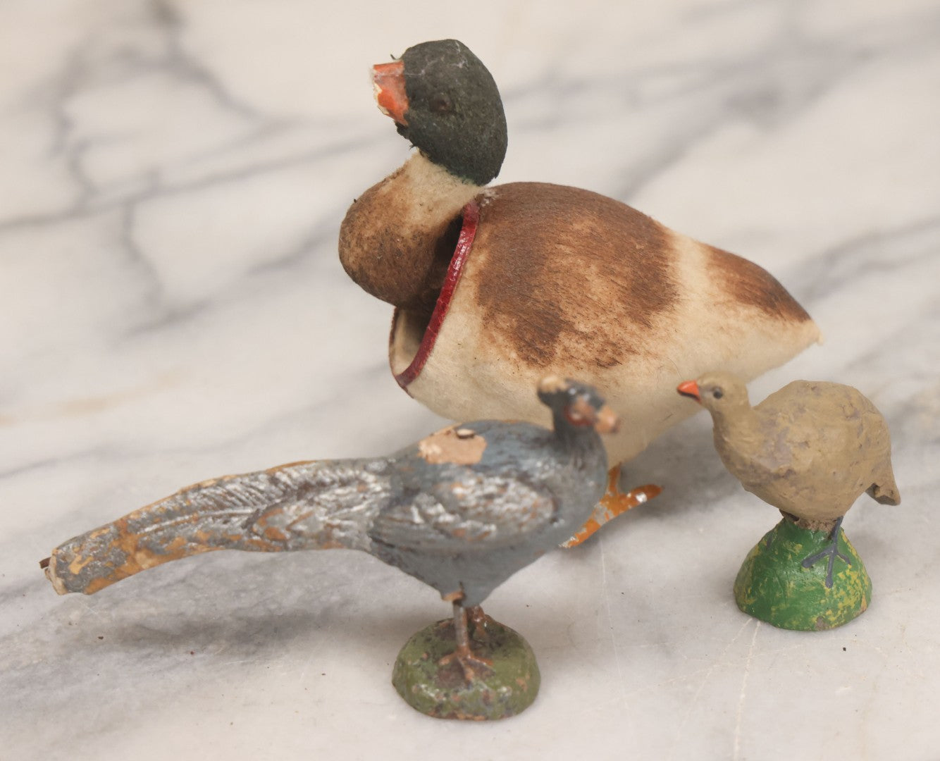 Lot 028 - Grouping Of Three Vintage Bird Toys, Including Duck Nodder With Broken Beak, Pheasant, And Peacock, Mixed Materials (Chalkware/Plaster, Composition), Note Wear And Tear