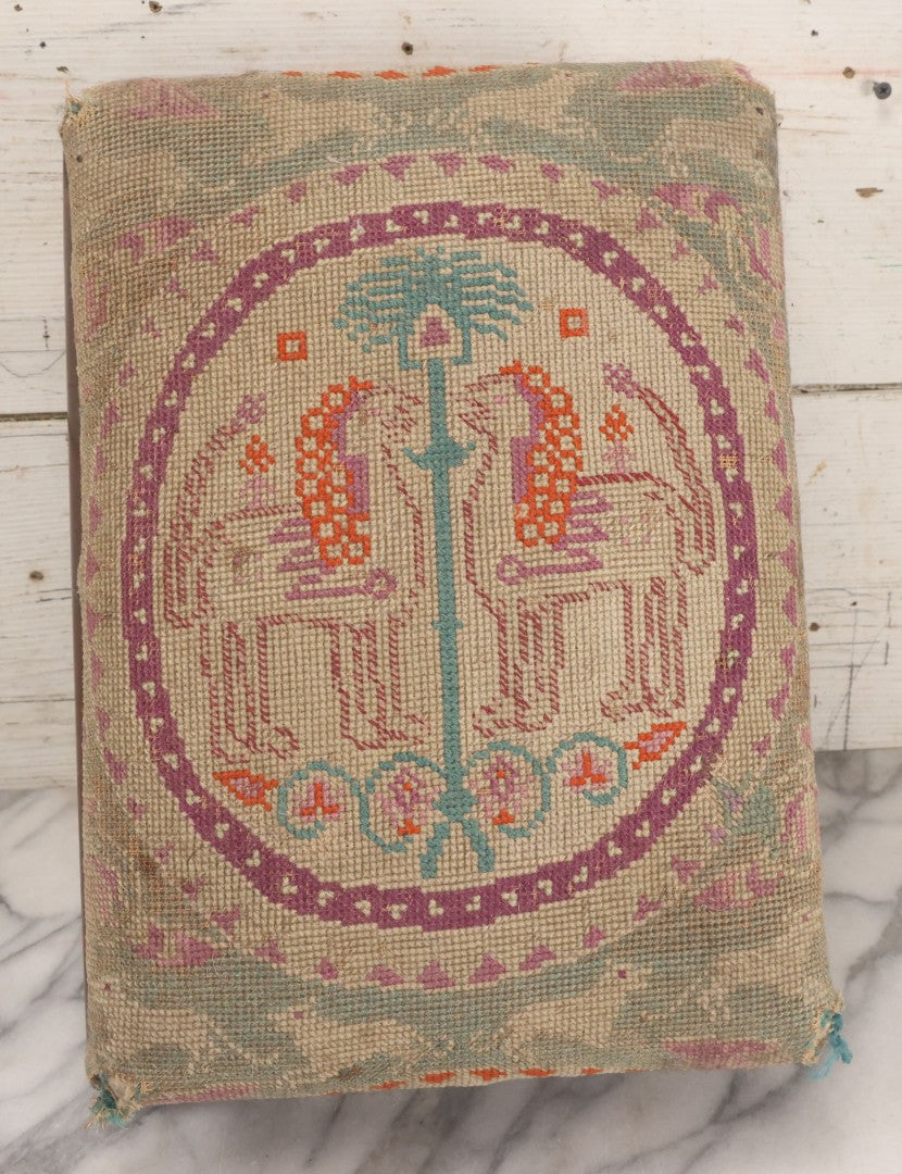 Lot 029 - Antique Victorian Wooden Footstool With Folk Art Needlepoint Seat Cover With Griffins And Tree Of Life Motif, Geometric Designs, Note Worn Corners 