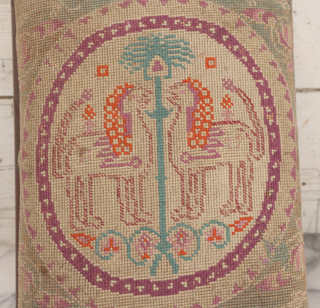 Lot 029 - Antique Victorian Wooden Footstool With Folk Art Needlepoint Seat Cover With Griffins And Tree Of Life Motif, Geometric Designs, Note Worn Corners 