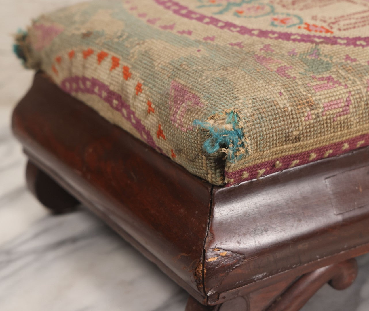 Lot 029 - Antique Victorian Wooden Footstool With Folk Art Needlepoint Seat Cover With Griffins And Tree Of Life Motif, Geometric Designs, Note Worn Corners 
