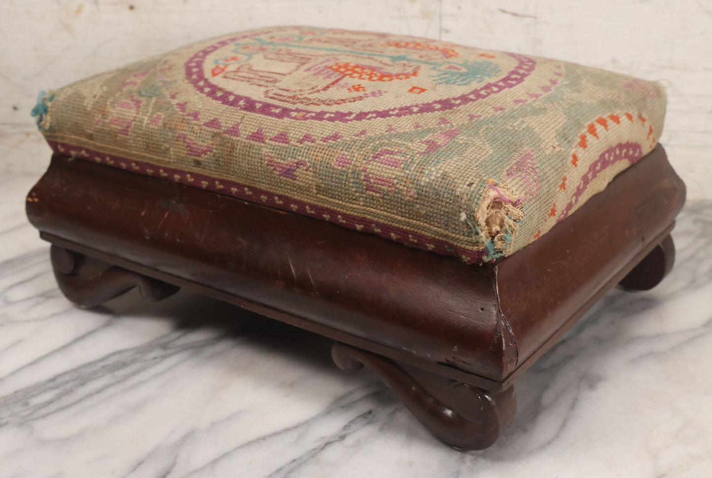 Lot 029 - Antique Victorian Wooden Footstool With Folk Art Needlepoint Seat Cover With Griffins And Tree Of Life Motif, Geometric Designs, Note Worn Corners 
