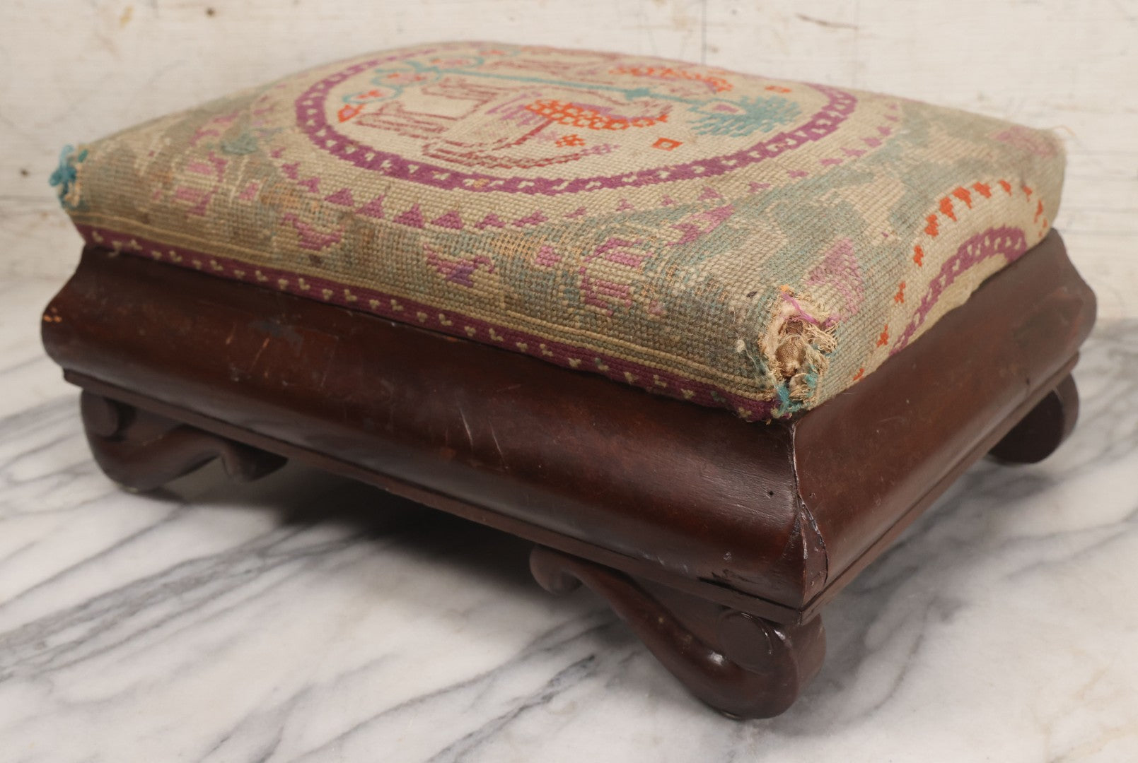 Lot 029 - Antique Victorian Wooden Footstool With Folk Art Needlepoint Seat Cover With Griffins And Tree Of Life Motif, Geometric Designs, Note Worn Corners 