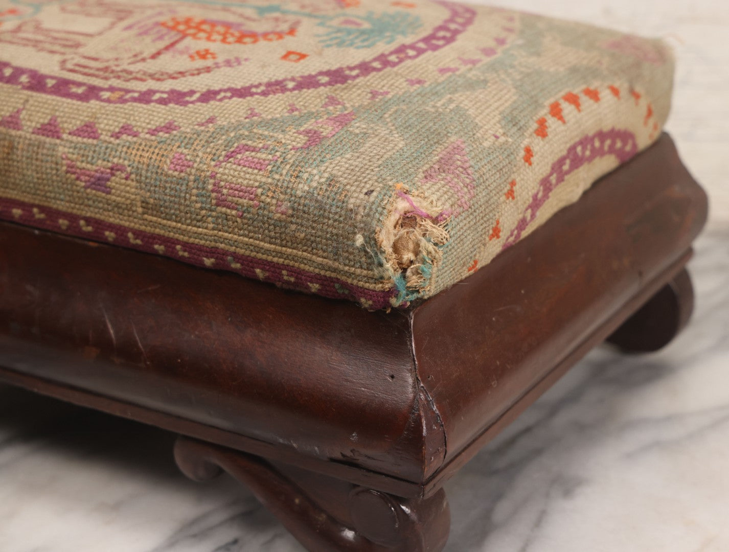 Lot 029 - Antique Victorian Wooden Footstool With Folk Art Needlepoint Seat Cover With Griffins And Tree Of Life Motif, Geometric Designs, Note Worn Corners 