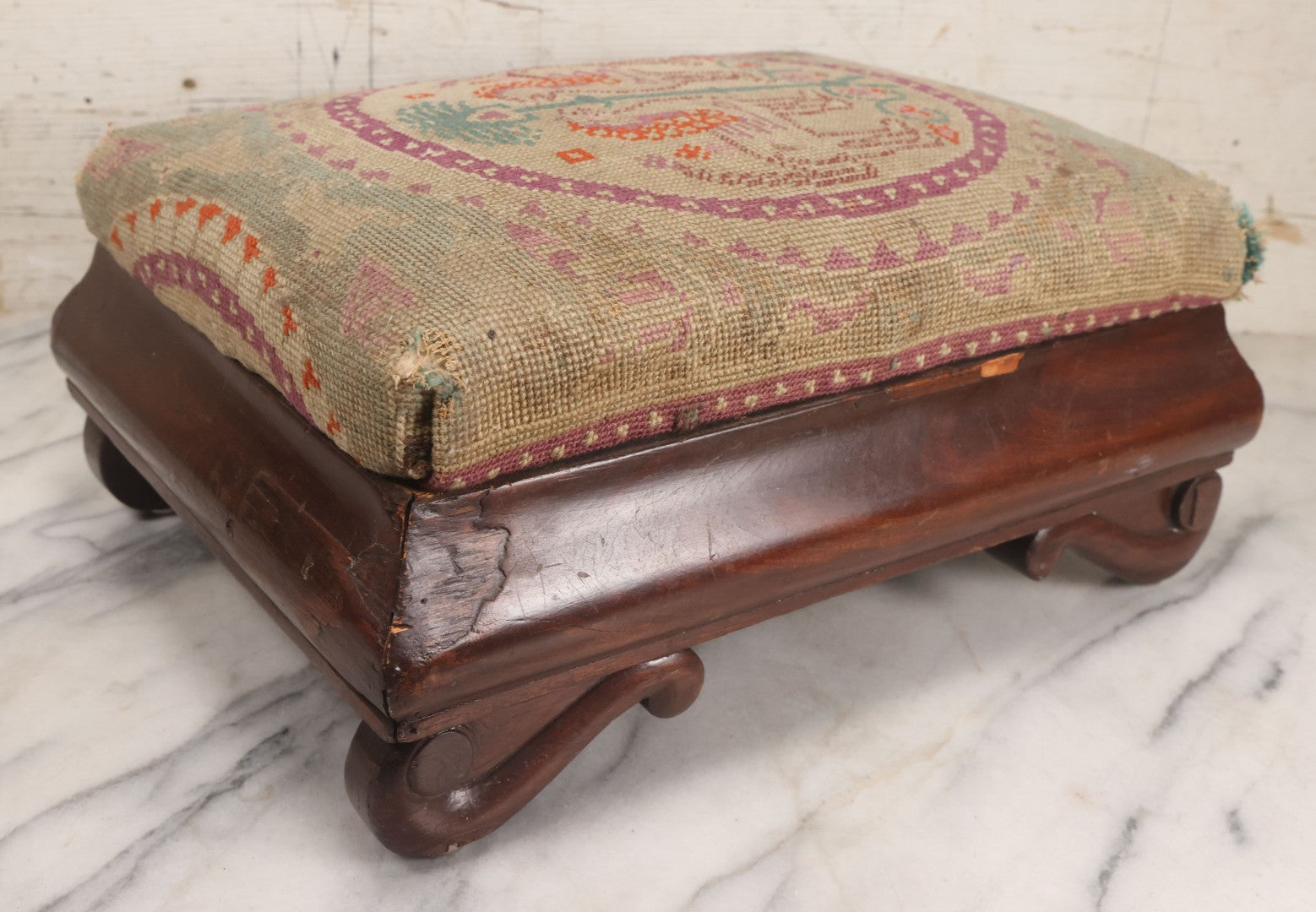 Lot 029 - Antique Victorian Wooden Footstool With Folk Art Needlepoint Seat Cover With Griffins And Tree Of Life Motif, Geometric Designs, Note Worn Corners 