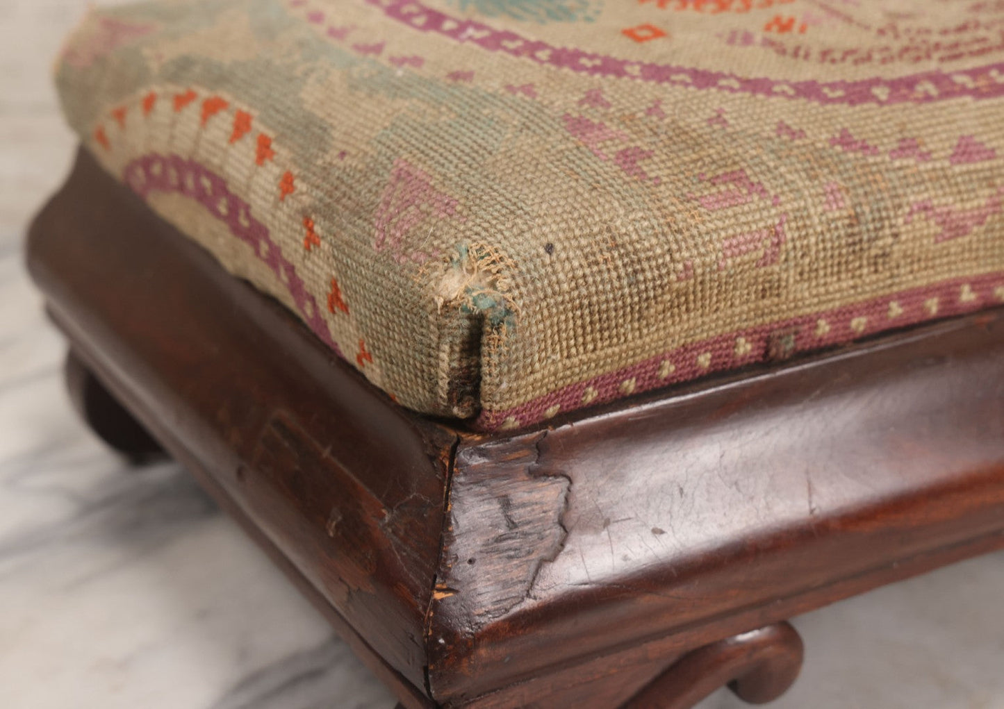 Lot 029 - Antique Victorian Wooden Footstool With Folk Art Needlepoint Seat Cover With Griffins And Tree Of Life Motif, Geometric Designs, Note Worn Corners 