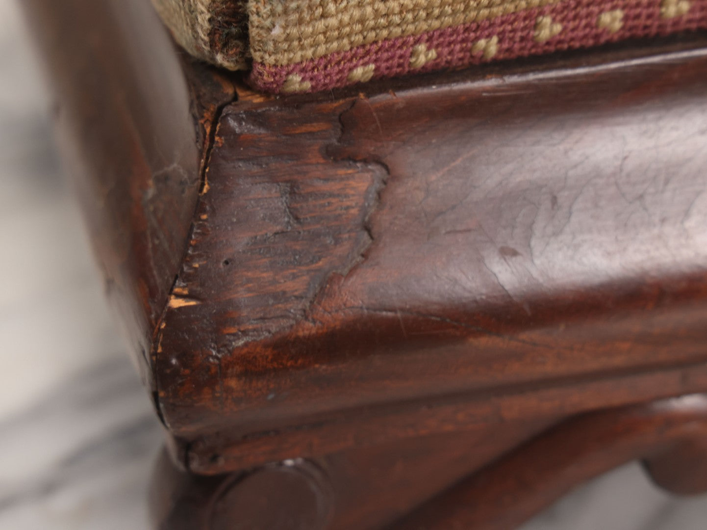 Lot 029 - Antique Victorian Wooden Footstool With Folk Art Needlepoint Seat Cover With Griffins And Tree Of Life Motif, Geometric Designs, Note Worn Corners 