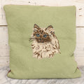Lot 030 - Vintage Handmade Needlepoint Pillow With Fluffy Himalayan Cat On Green Background With Maroon Fabric Backing, 12" x 14"