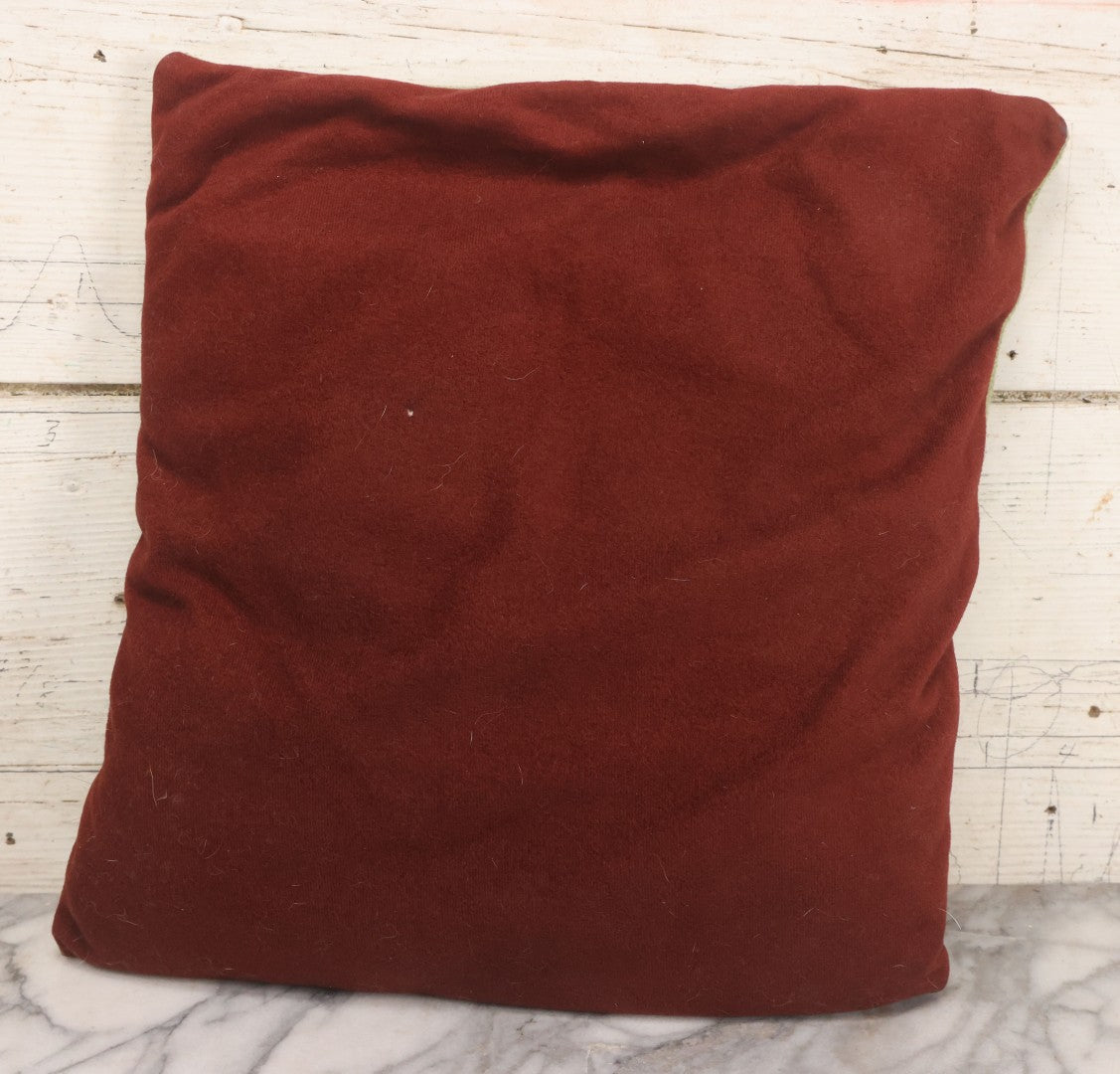 Lot 030 - Vintage Handmade Needlepoint Pillow With Fluffy Himalayan Cat On Green Background With Maroon Fabric Backing, 12" x 14"