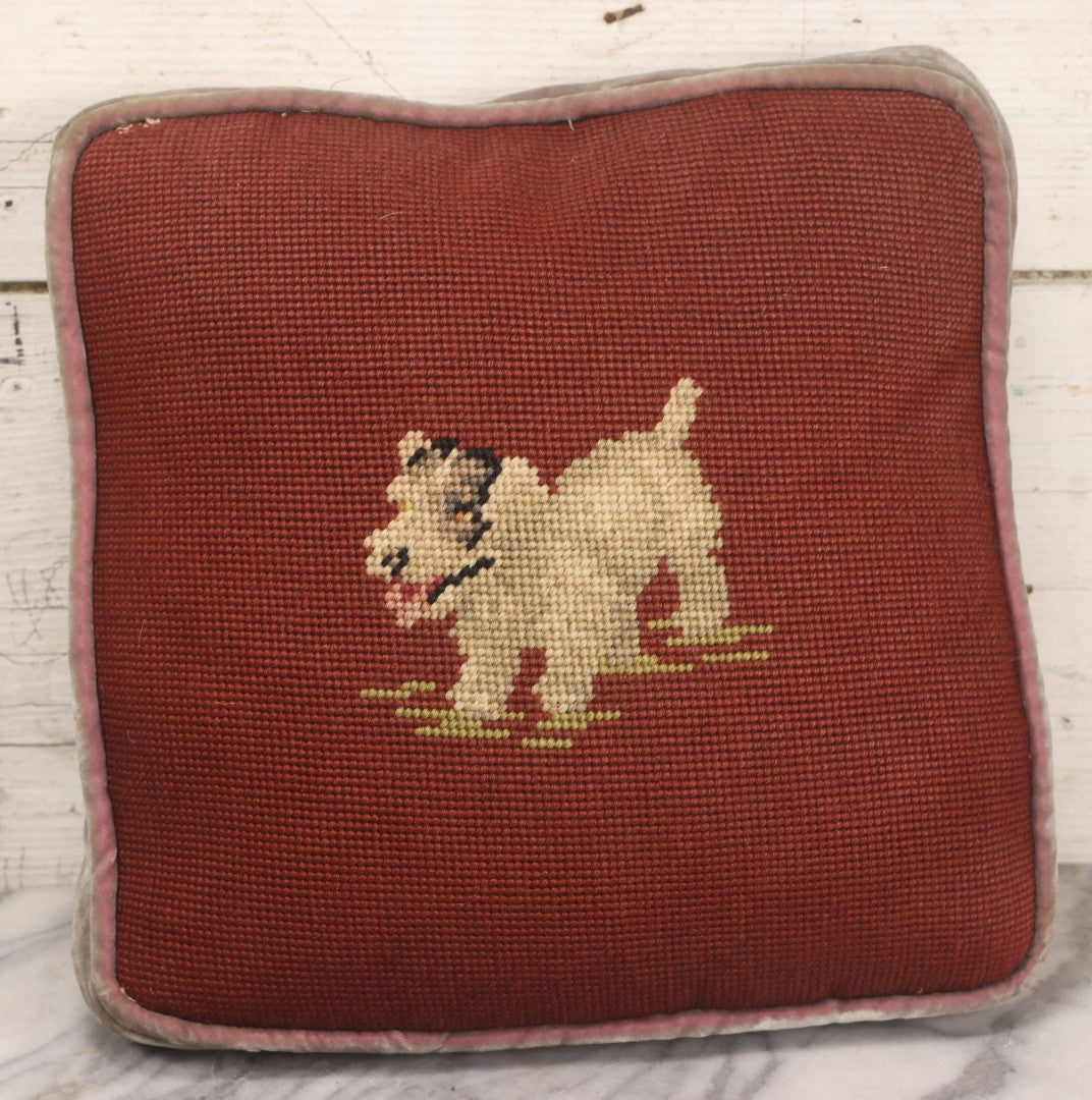Lot 031 - Vintage Handmade Needlepoint Pillow With Fox Terrier Dog On Maroon Background With Opalescent Purple Fabric Backing, 12" x 12"