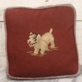 Lot 031 - Vintage Handmade Needlepoint Pillow With Fox Terrier Dog On Maroon Background With Opalescent Purple Fabric Backing, 12" x 12"