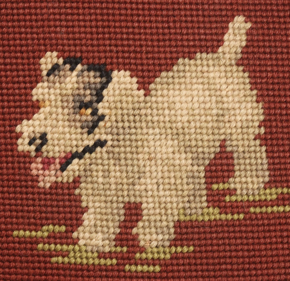 Lot 031 - Vintage Handmade Needlepoint Pillow With Fox Terrier Dog On Maroon Background With Opalescent Purple Fabric Backing, 12" x 12"