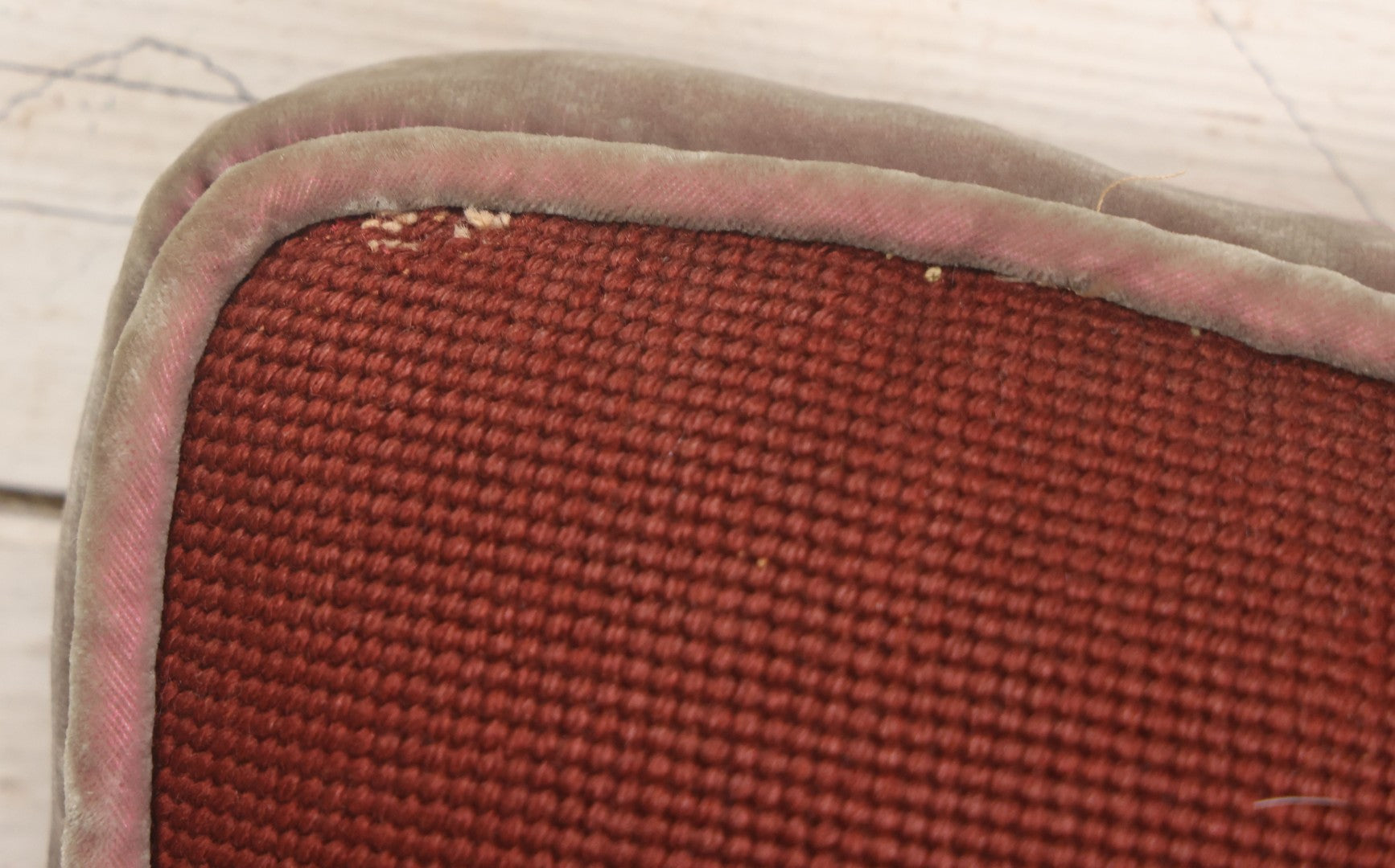 Lot 031 - Vintage Handmade Needlepoint Pillow With Fox Terrier Dog On Maroon Background With Opalescent Purple Fabric Backing, 12" x 12"