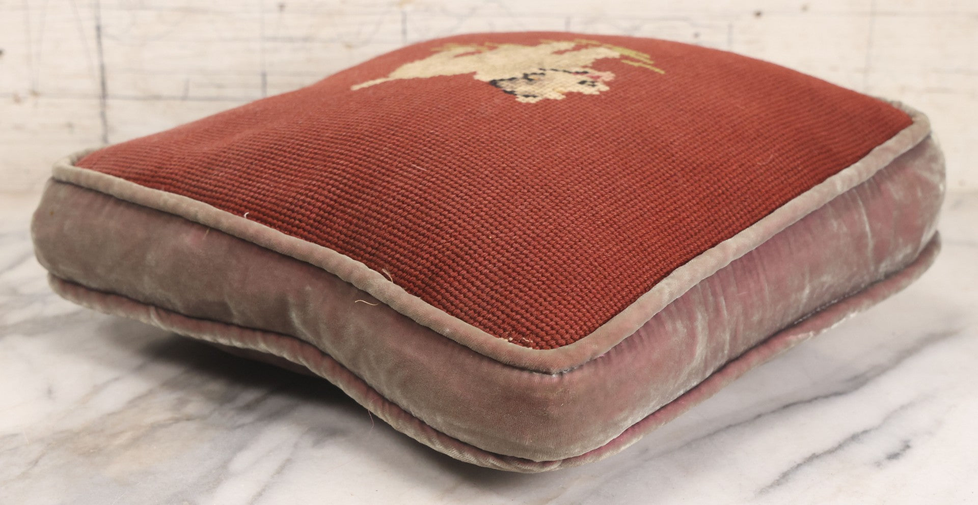 Lot 031 - Vintage Handmade Needlepoint Pillow With Fox Terrier Dog On Maroon Background With Opalescent Purple Fabric Backing, 12" x 12"