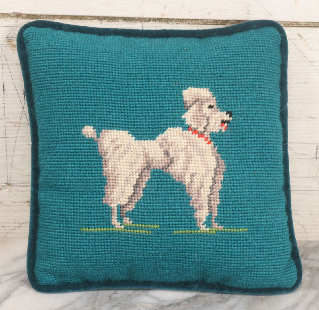 Lot 032 - Vintage Handmade Needlepoint Pillow With Poodle Dog On Teal Blue Background With Matching Velvet Fabric Backing, 9" x 9"