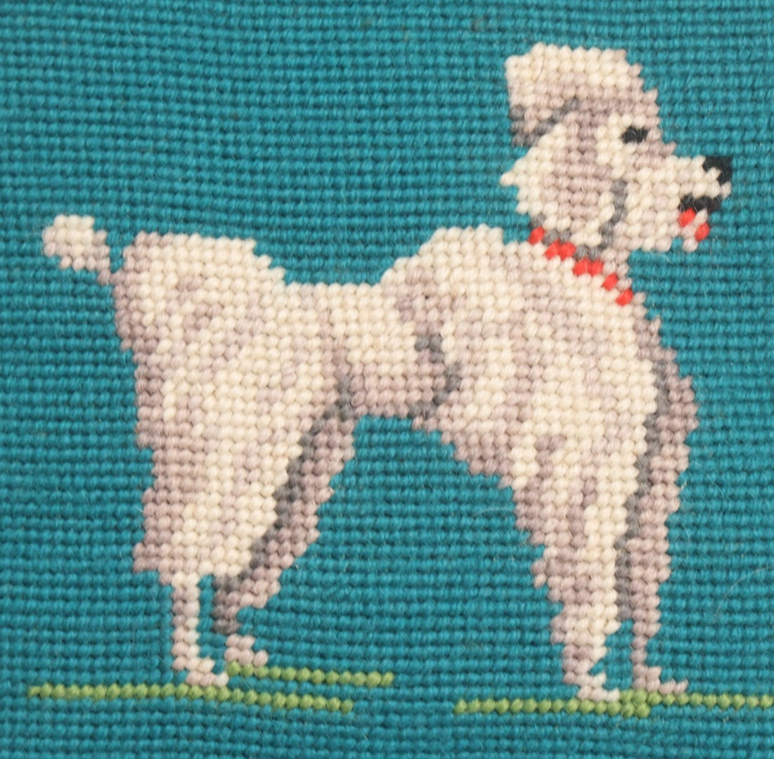 Lot 032 - Vintage Handmade Needlepoint Pillow With Poodle Dog On Teal Blue Background With Matching Velvet Fabric Backing, 9" x 9"