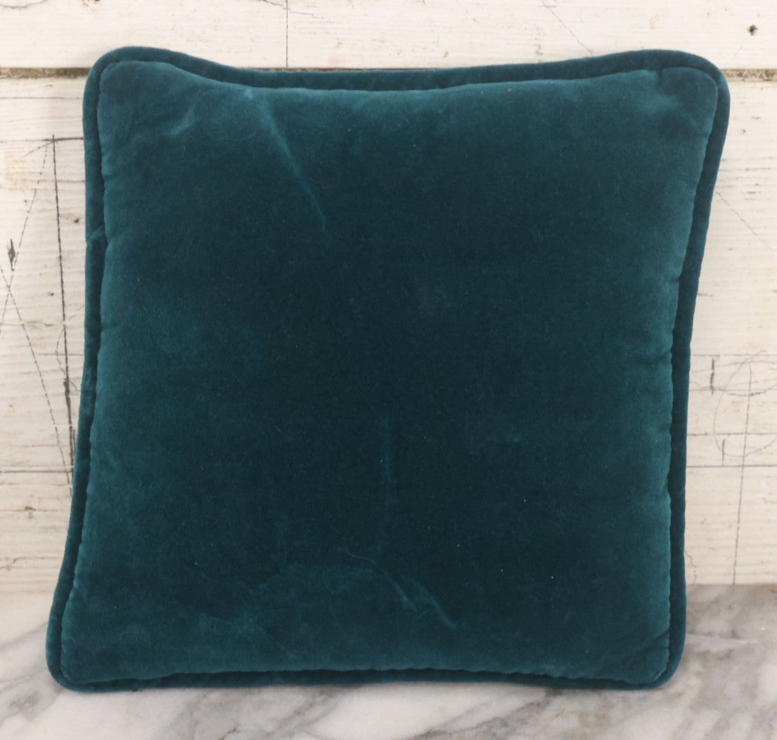 Lot 032 - Vintage Handmade Needlepoint Pillow With Poodle Dog On Teal Blue Background With Matching Velvet Fabric Backing, 9" x 9"