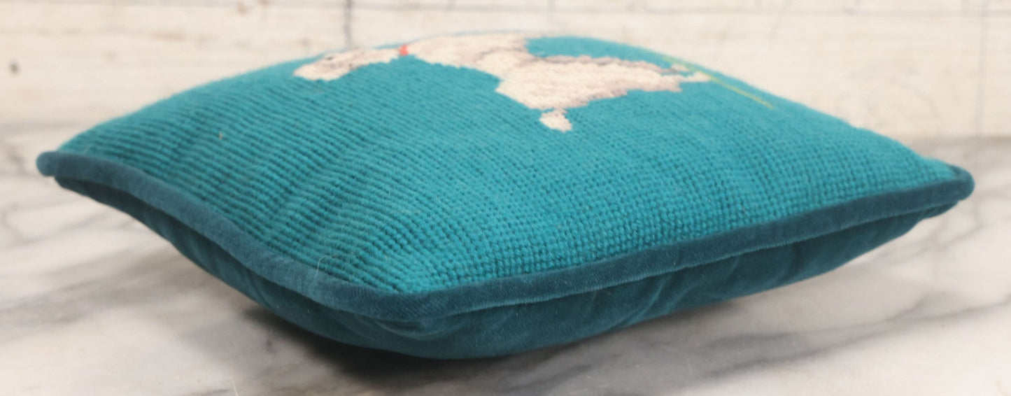 Lot 032 - Vintage Handmade Needlepoint Pillow With Poodle Dog On Teal Blue Background With Matching Velvet Fabric Backing, 9" x 9"