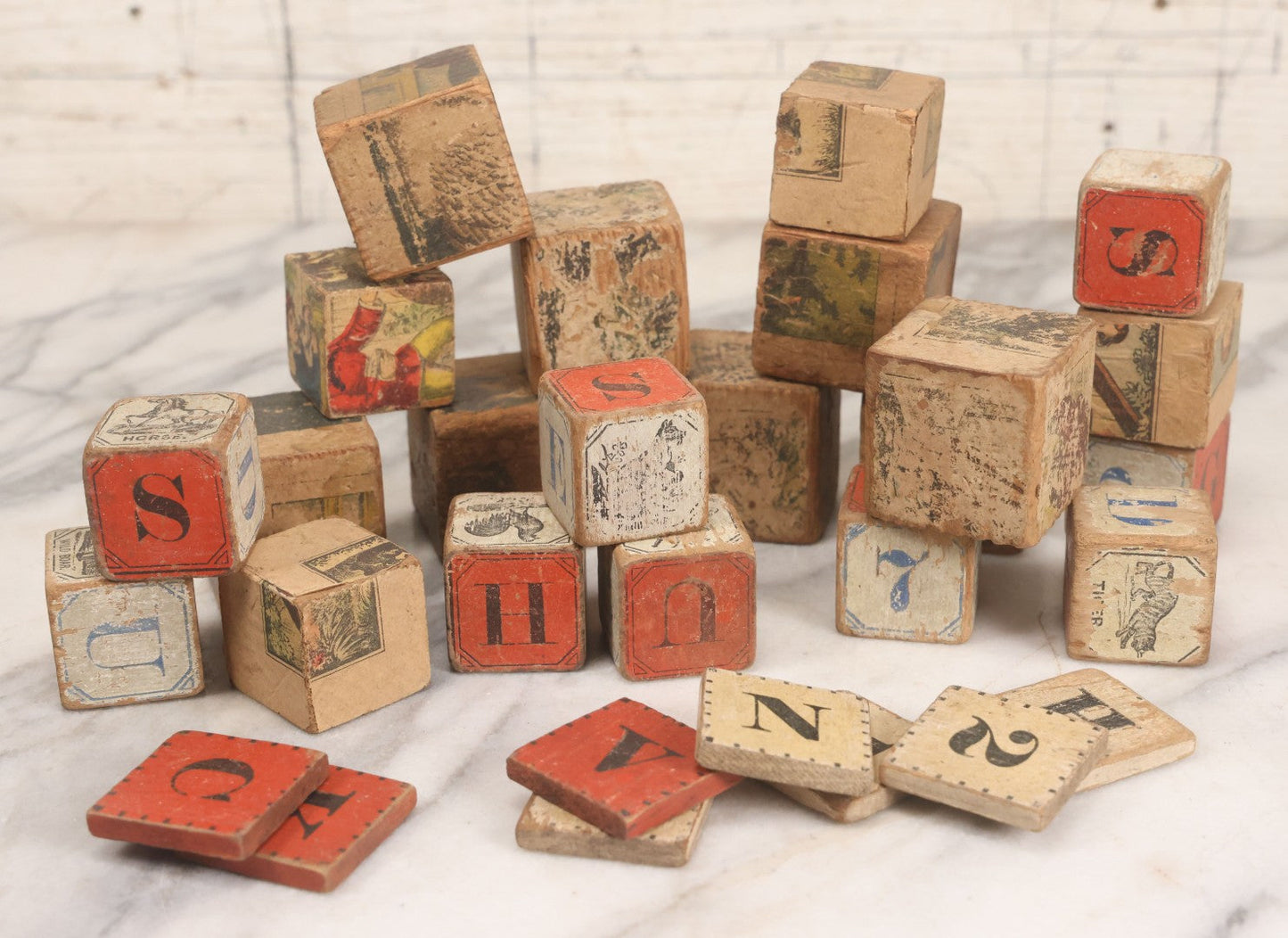 Lot 033 - Grouping Of Vintage And Antique Wooden Childrens Blocks Including Lithographed Block Puzzle Pieces, Letter Blocks, And More, 25+ Pieces