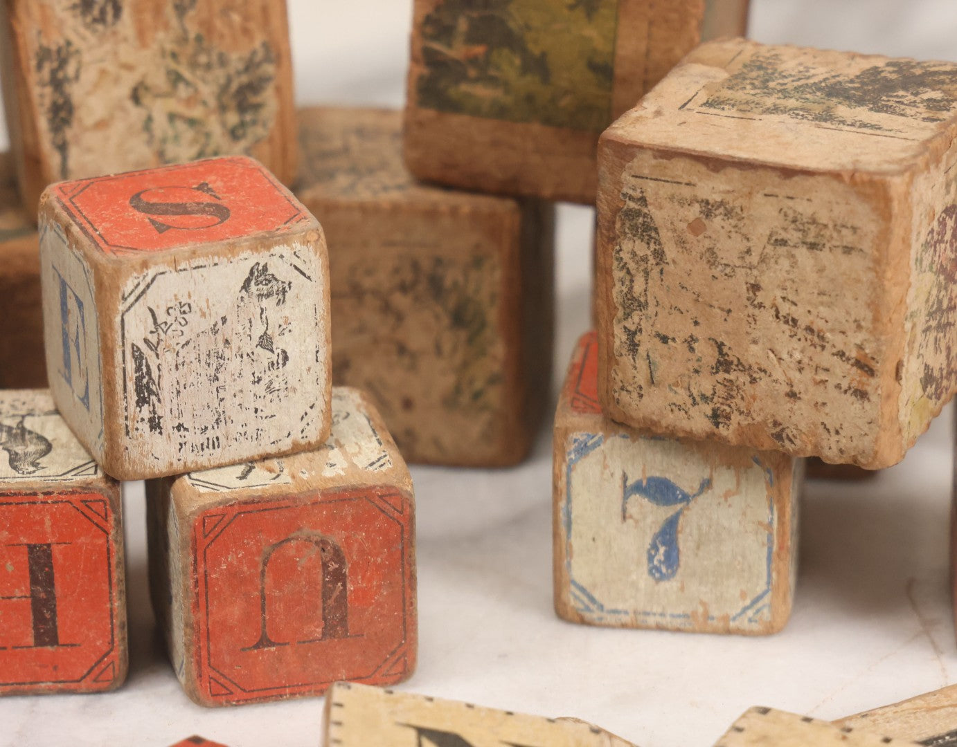 Lot 033 - Grouping Of Vintage And Antique Wooden Childrens Blocks Including Lithographed Block Puzzle Pieces, Letter Blocks, And More, 25+ Pieces