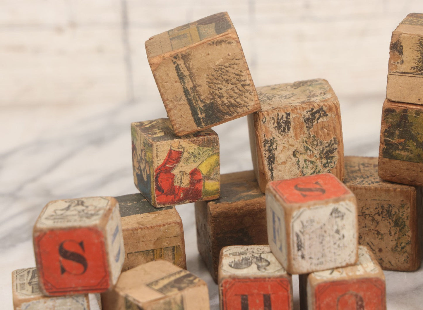 Lot 033 - Grouping Of Vintage And Antique Wooden Childrens Blocks Including Lithographed Block Puzzle Pieces, Letter Blocks, And More, 25+ Pieces