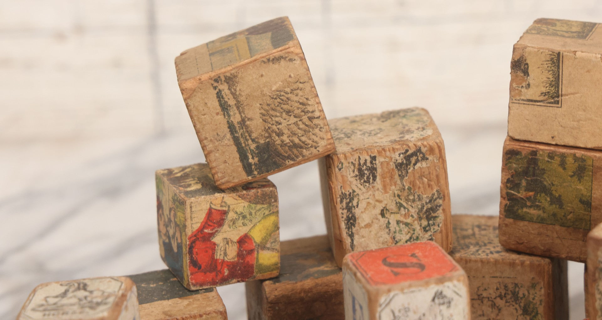 Lot 033 - Grouping Of Vintage And Antique Wooden Childrens Blocks Including Lithographed Block Puzzle Pieces, Letter Blocks, And More, 25+ Pieces