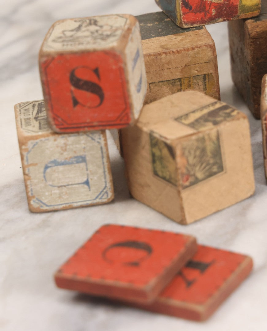 Lot 033 - Grouping Of Vintage And Antique Wooden Childrens Blocks Including Lithographed Block Puzzle Pieces, Letter Blocks, And More, 25+ Pieces