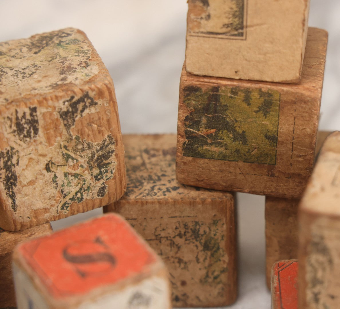 Lot 033 - Grouping Of Vintage And Antique Wooden Childrens Blocks Including Lithographed Block Puzzle Pieces, Letter Blocks, And More, 25+ Pieces