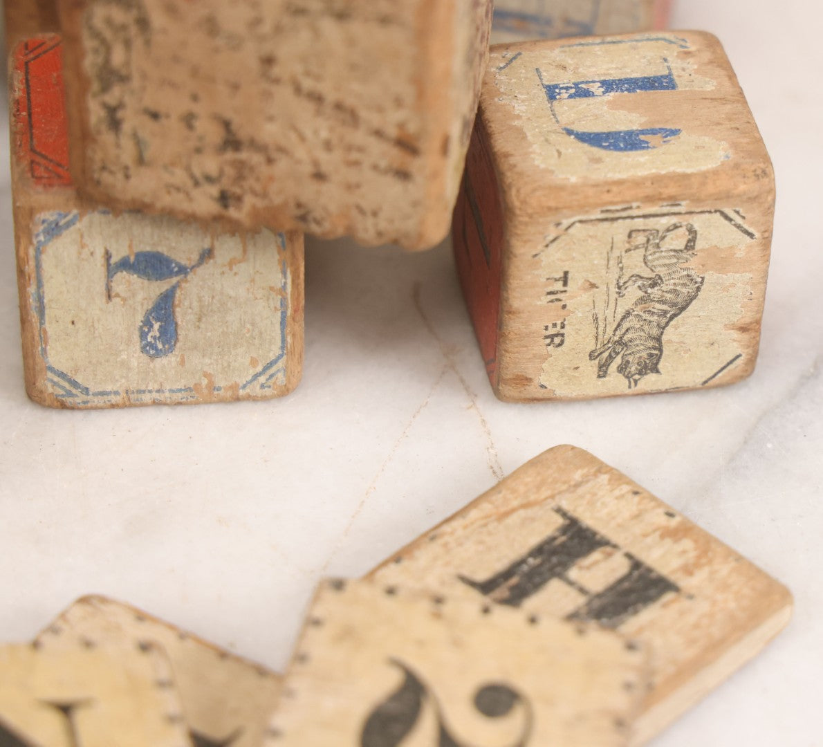 Lot 033 - Grouping Of Vintage And Antique Wooden Childrens Blocks Including Lithographed Block Puzzle Pieces, Letter Blocks, And More, 25+ Pieces